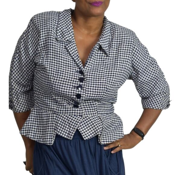 Vintage Jack Mann Peplum Jacket Blue Blazer Check Gingham Retro 50s Size Medium - Picture 1 of 14